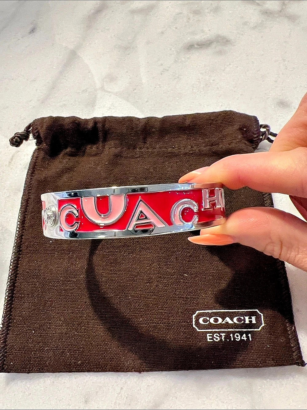 Coach Signature Enamel Bangle Red & Silver Like New